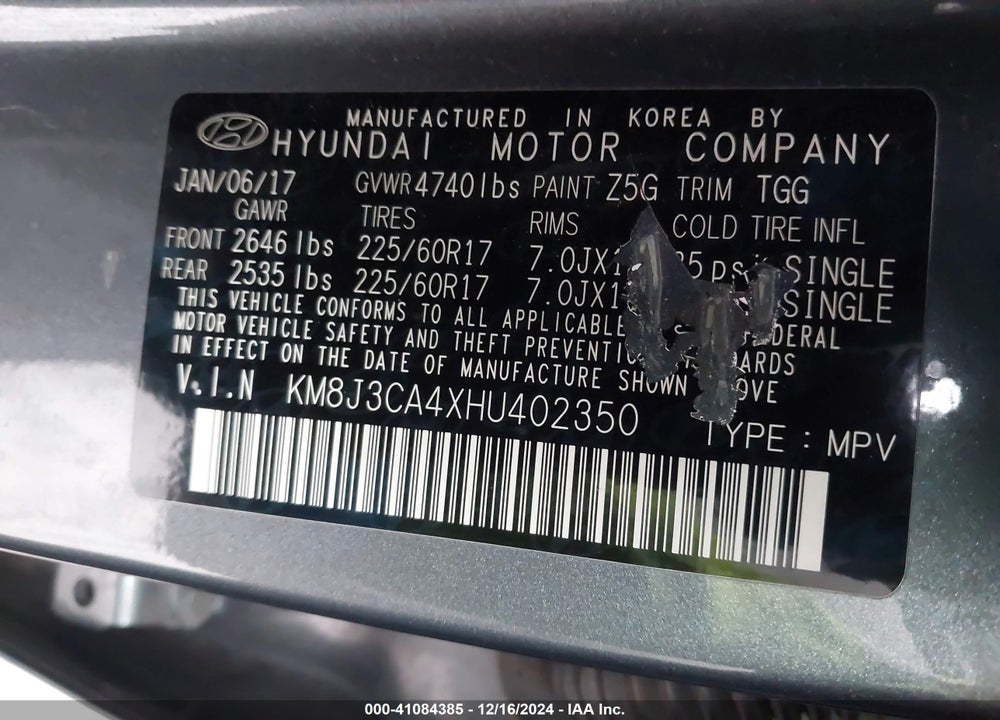 2017 HYUNDAI TUCSON SE VIN: KM8J3CA4XHU402350