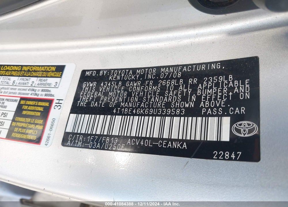 2009 TOYOTA CAMRY LE VIN: 4T1BE46K69U339583