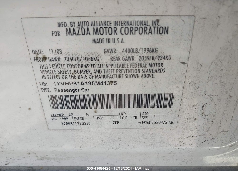 2009 MAZDA 6 I SPORT VIN: 1YVHP81A195M41375