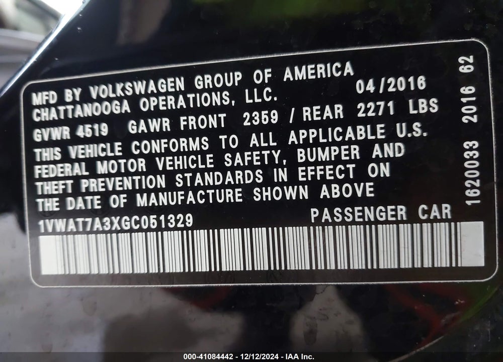 2016 VOLKSWAGEN PASSAT 1.8T R-LINE VIN: 1VWAT7A3XGC051329