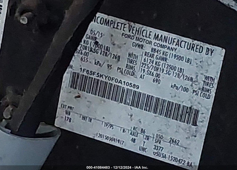 2015 FORD F-59 COMMERCIAL STRIPPED VIN: 1F65F5KY0F0A10589