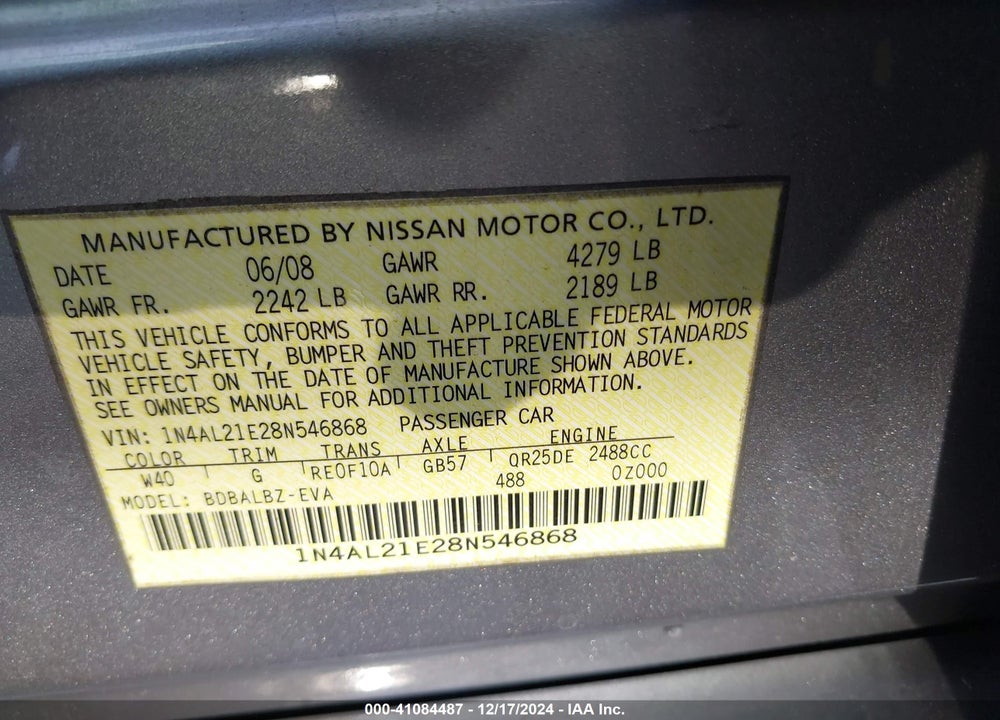 2008 NISSAN ALTIMA VIN: 1N4AL21E28N546868
