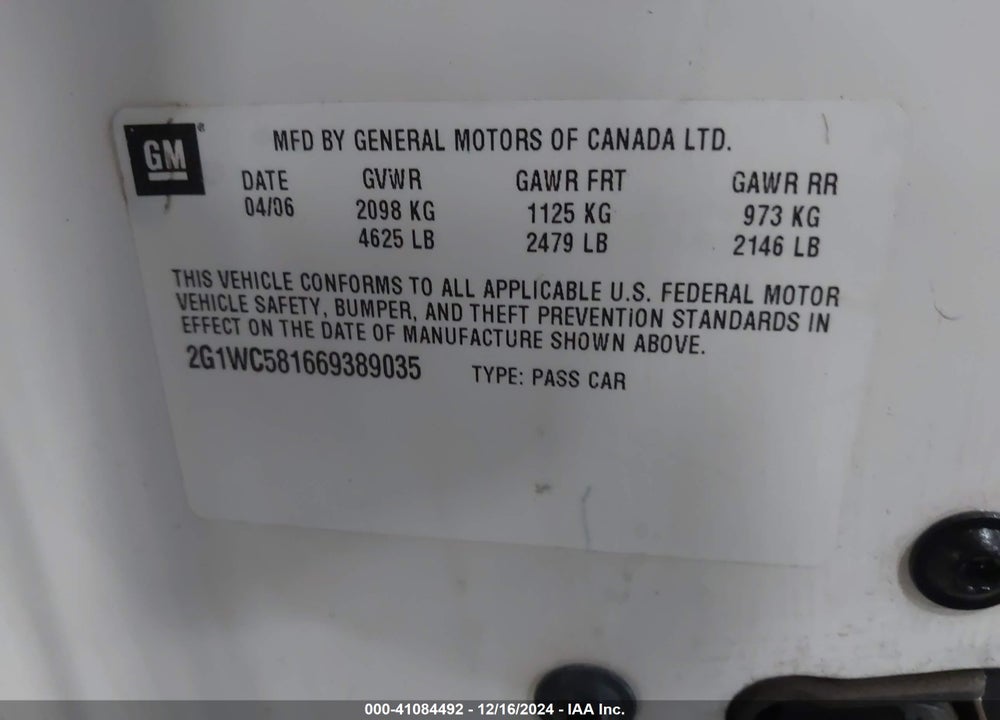 2006 CHEVROLET IMPALA LT VIN: 2G1WC581669389035