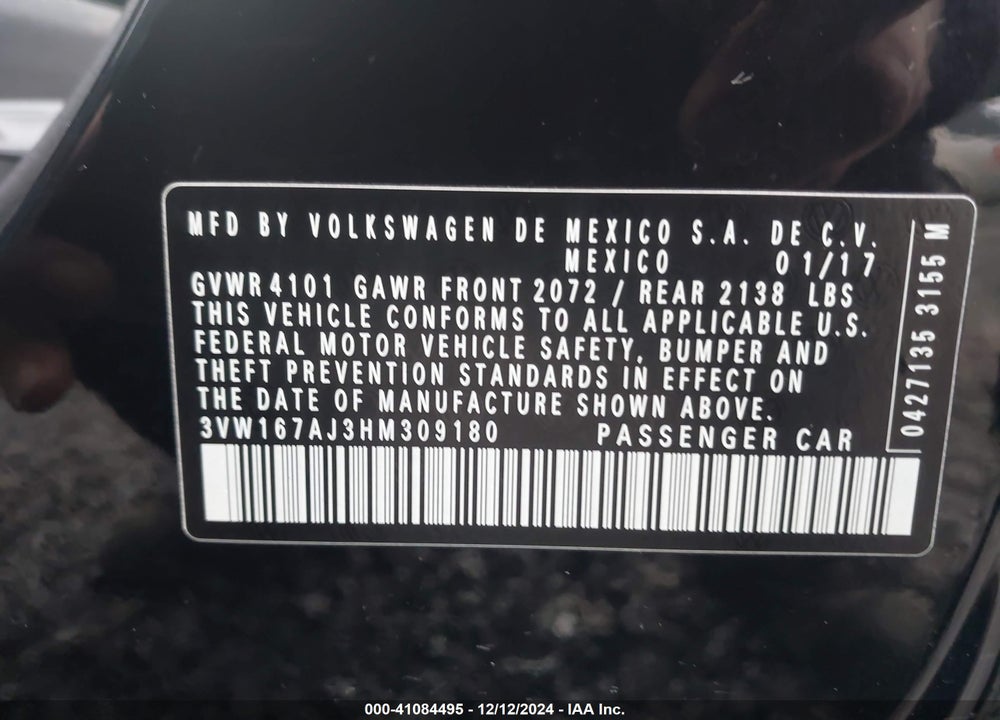 2017 VOLKSWAGEN JETTA 1.4T S VIN: 3VW167AJ3HM309180