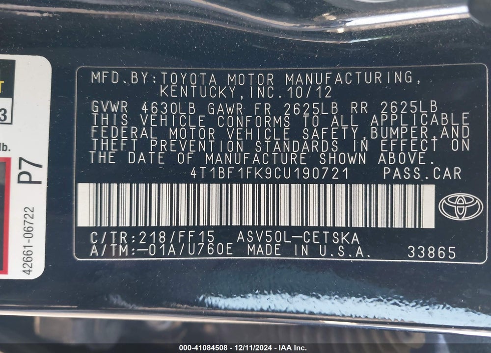 2012 TOYOTA CAMRY SE VIN: 4T1BF1FK9CU190721