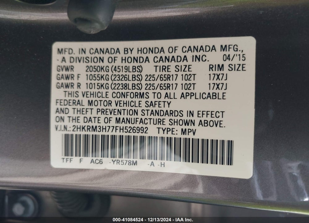 2015 HONDA CR-V EX-L VIN: 2HKRM3H77FH526992