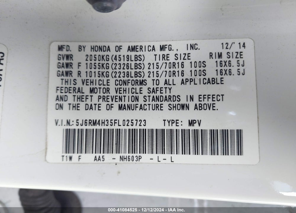 2015 HONDA CR-V LX VIN: 5J6RM4H35FL025723