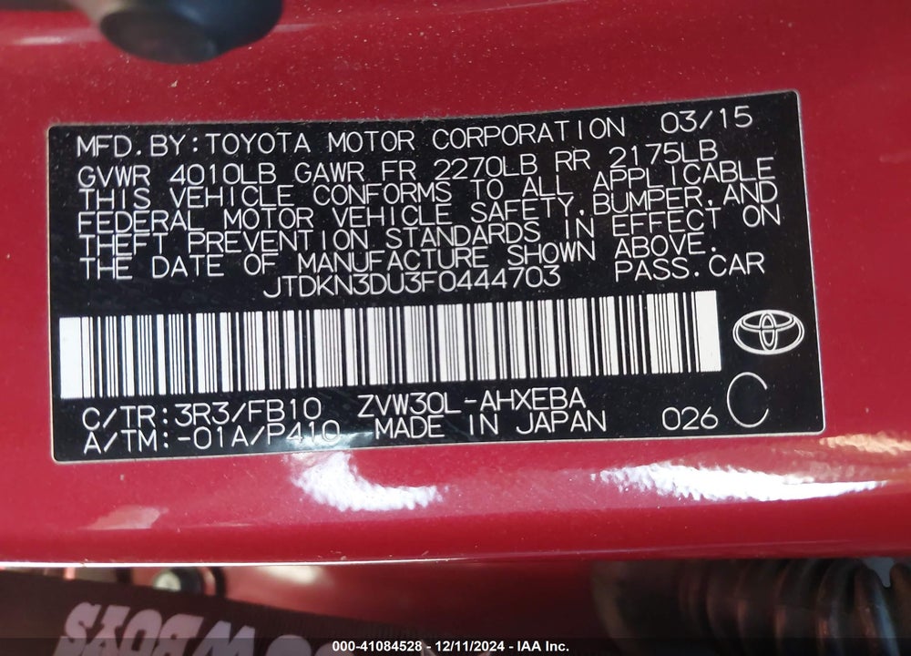 2015 TOYOTA PRIUS TWO VIN: JTDKN3DU3F0444703