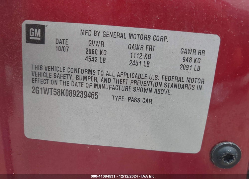 2008 CHEVROLET IMPALA LT VIN: 2G1WT58K089239465
