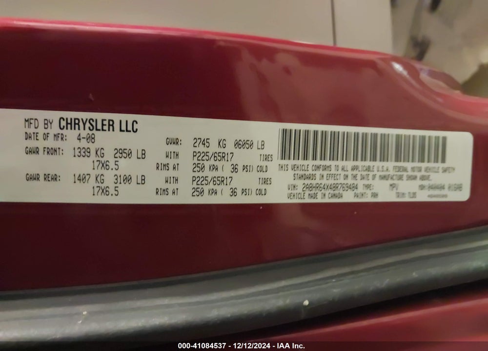 2008 CHRYSLER TOWN & COUNTRY LIMITED VIN: 2A8HR64X48R769484