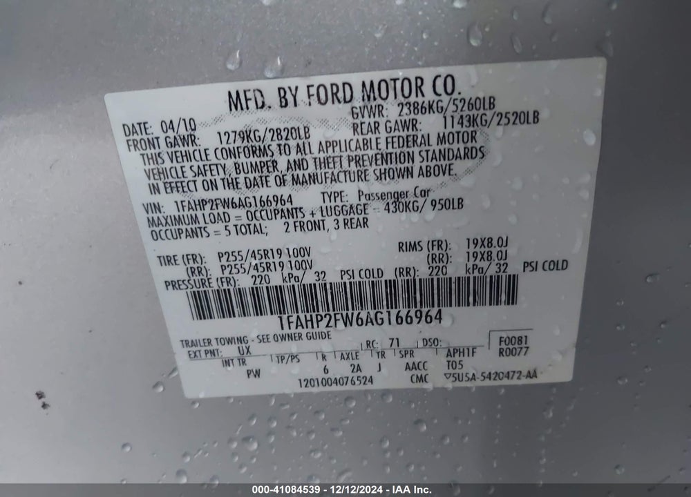 2010 FORD TAURUS LIMITED VIN: 1FAHP2FW6AG166964