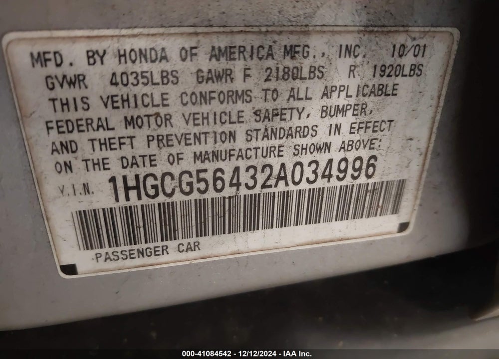 2002 HONDA ACCORD 2.3 LX VIN: 1HGCG56432A034996