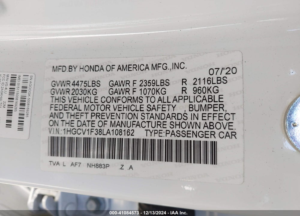 2020 HONDA ACCORD SPORT VIN: 1HGCV1F38LA108162
