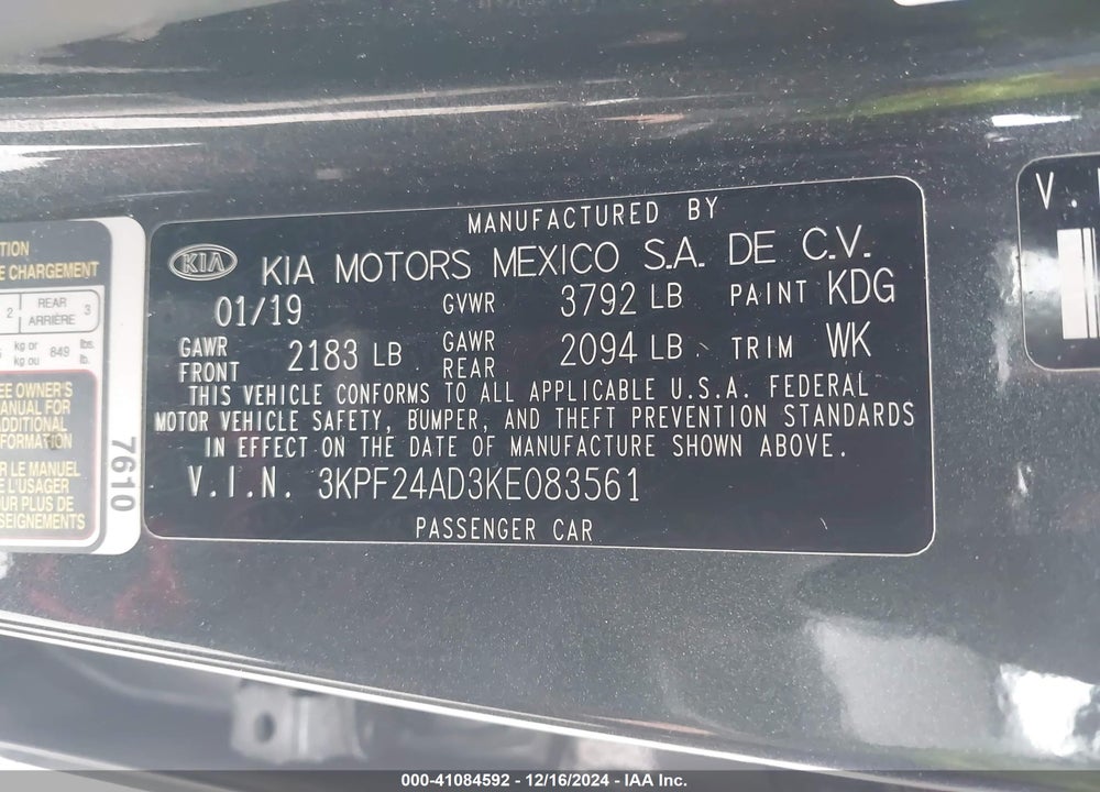 2019 KIA FORTE VIN: 3KPF24AD3KE083561