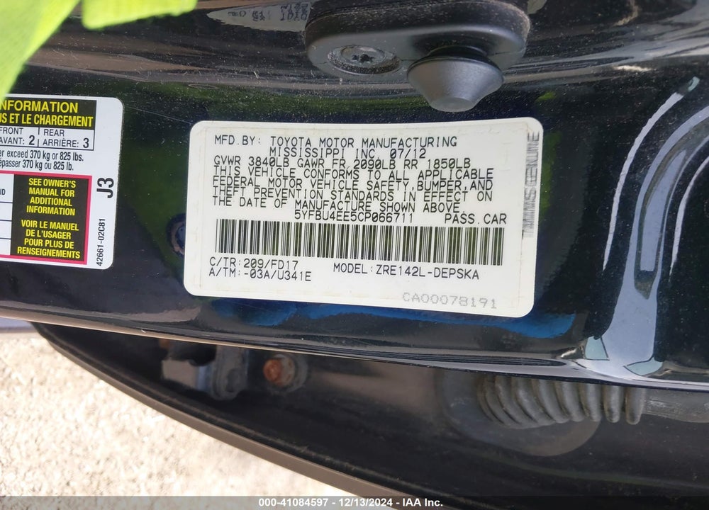 2012 TOYOTA COROLLA S VIN: 5YFBU4EE5CP066711