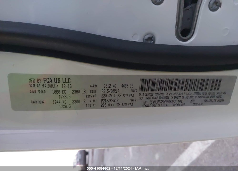 2017 JEEP PATRIOT HIGH ALTITUDE FWD VIN: 1C4NJPFA8HD203377