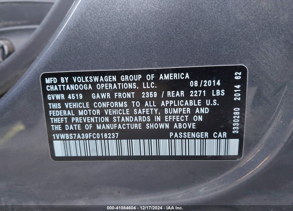 2015 VOLKSWAGEN PASSAT 1.8T SE VIN: 1VWBS7A39FC016237