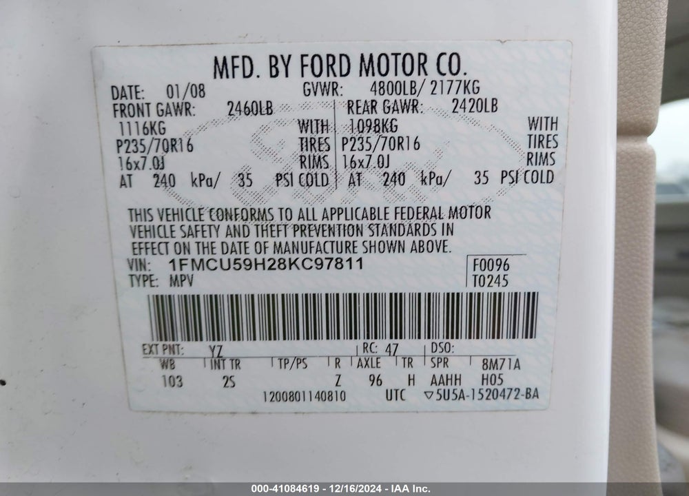 2008 FORD ESCAPE HYBRID VIN: 1FMCU59H28KC97811