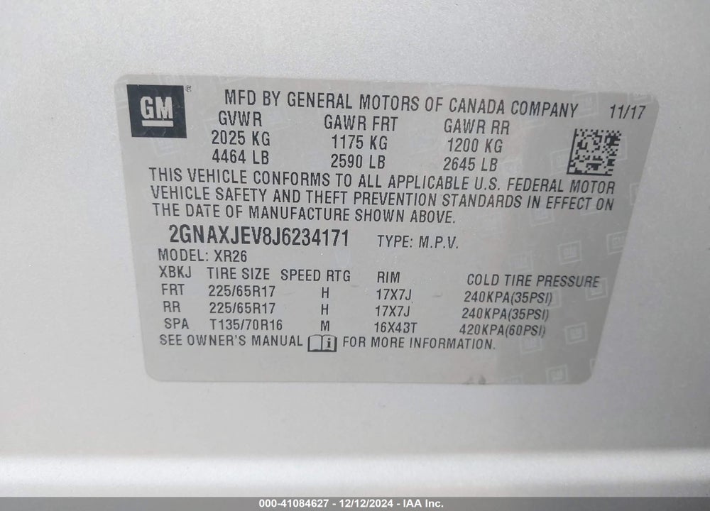 2018 CHEVROLET EQUINOX LT VIN: 2GNAXJEV8J6234171