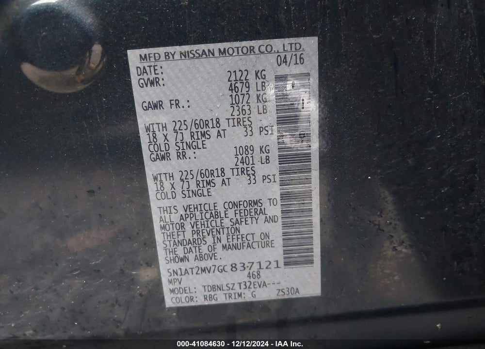 2016 NISSAN ROGUE SL VIN: 5N1AT2MV7GC837121