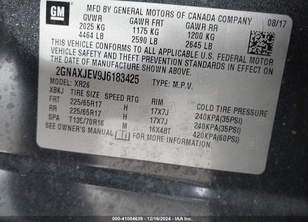 2018 CHEVROLET EQUINOX LT VIN: 2GNAXJEV9J6183425