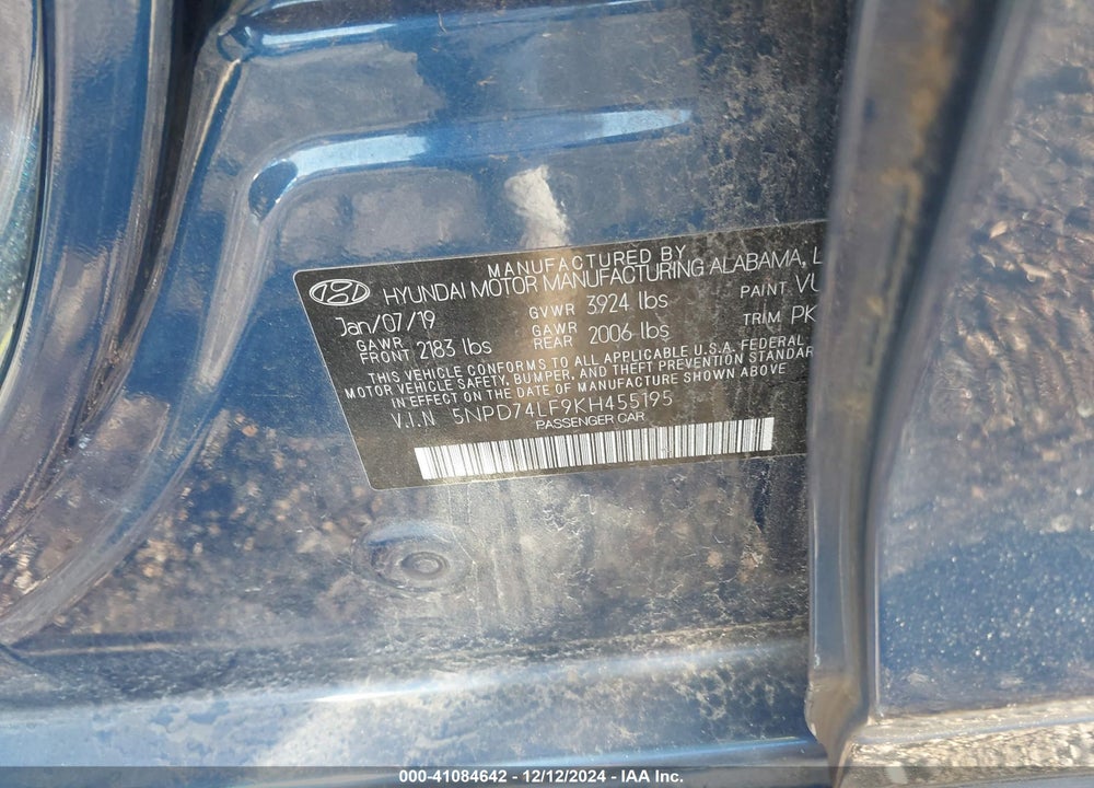 2019 HYUNDAI ELANTRA SE VIN: 5NPD74LF9KH455195