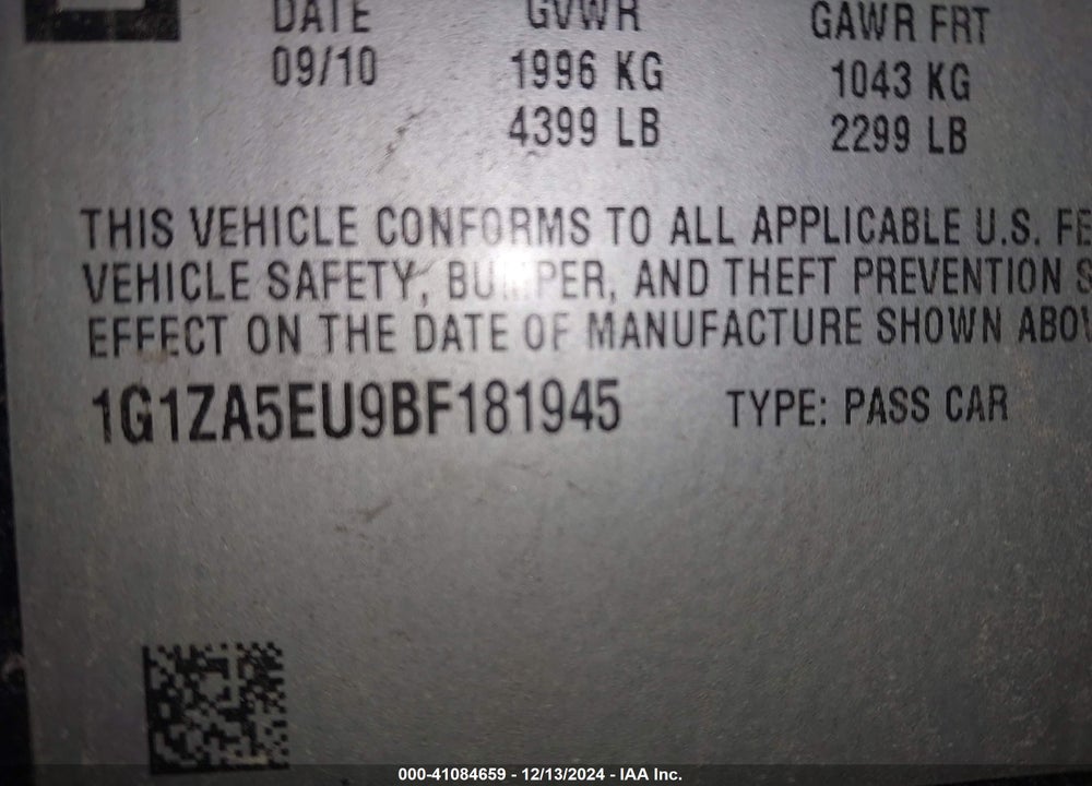 2011 CHEVROLET MALIBU LS VIN: 1G1ZA5EU9BF181945