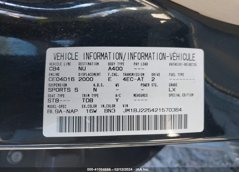 2002 MAZDA PROTEGE DX/ES/LX VIN: JM1BJ225421570364