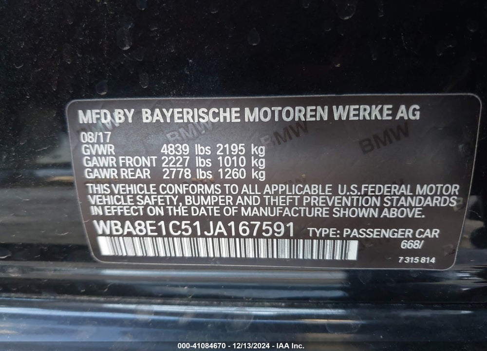 2018 BMW 330E IPERFORMANCE VIN: WBA8E1C51JA167591