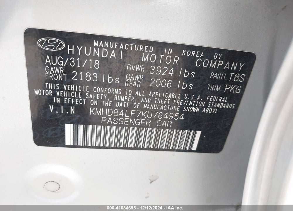 2019 HYUNDAI ELANTRA SEL VIN: KMHD84LF7KU764954