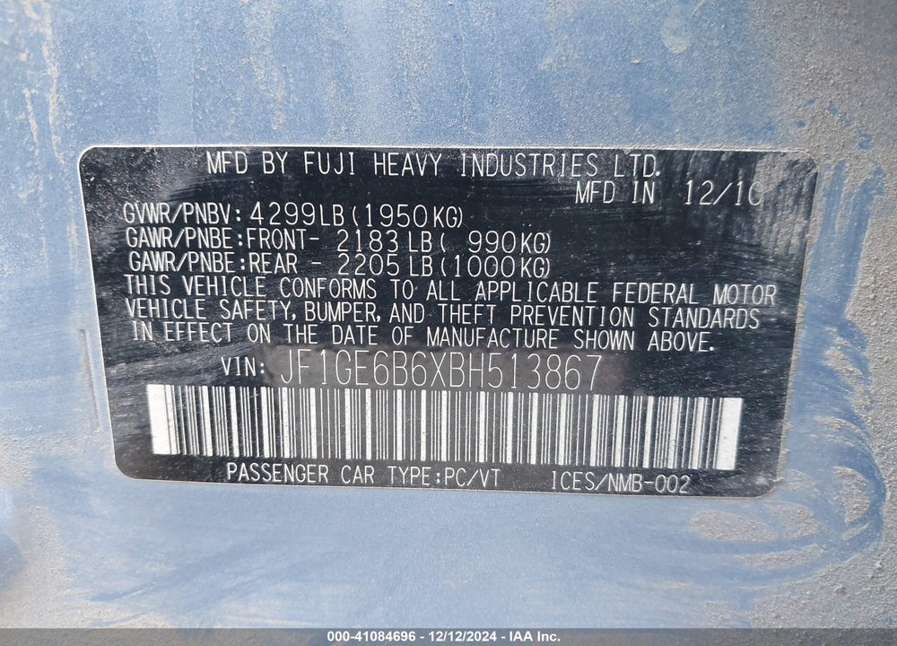 2011 SUBARU IMPREZA 2.5I PREMIUM VIN: JF1GE6B6XBH513867