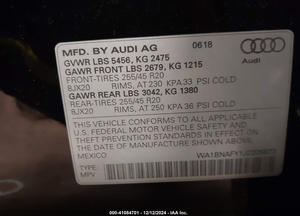 2018 AUDI Q5 2.0T PREMIUM/2.0T TECH PREMIUM VIN: WA1BNAFY1J2205873