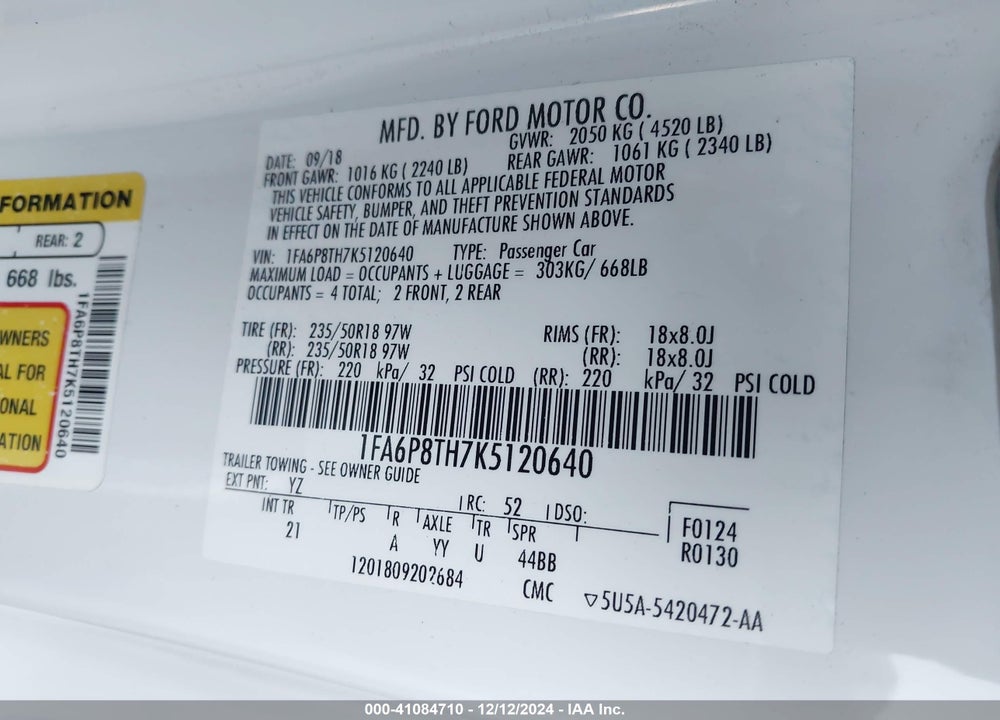 2019 FORD MUSTANG VIN: 1FA6P8TH7K5120640