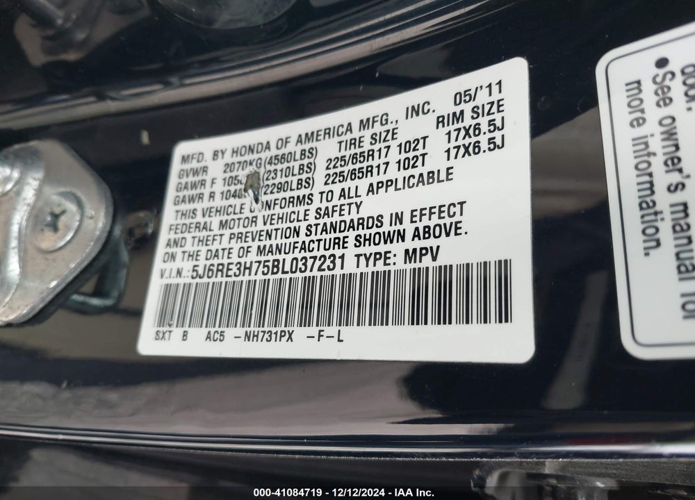 2011 HONDA CR-V EX-L VIN: 5J6RE3H75BL037231