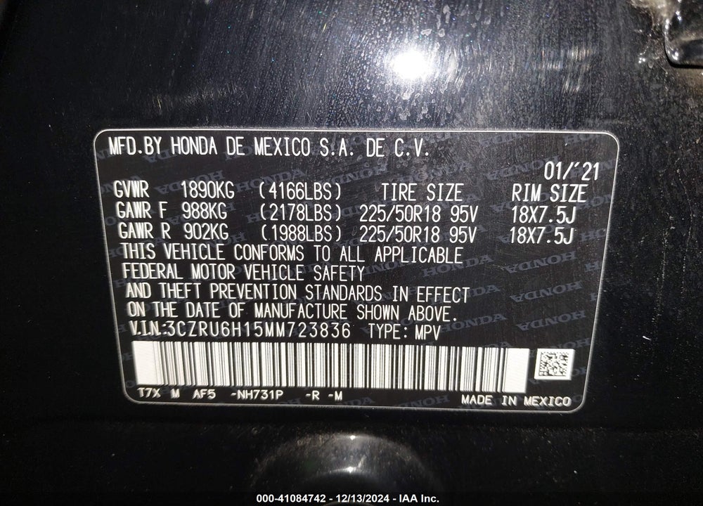 2021 HONDA HR-V AWD SPORT VIN: 3CZRU6H15MM723836