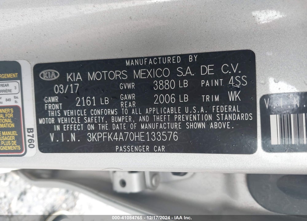 2017 KIA FORTE LX VIN: 3KPFK4A70HE133576