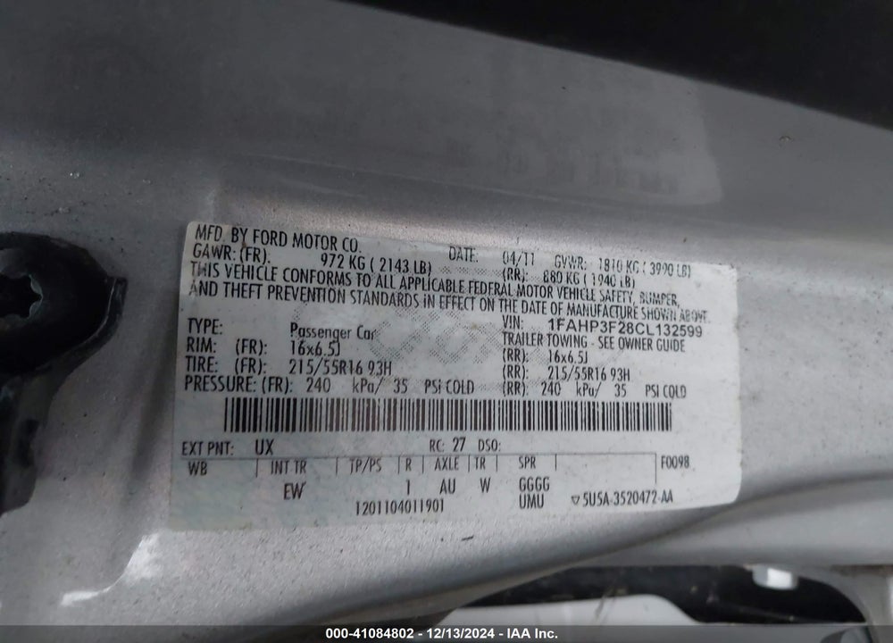 2012 FORD FOCUS SE VIN: 1FAHP3F28CL132599