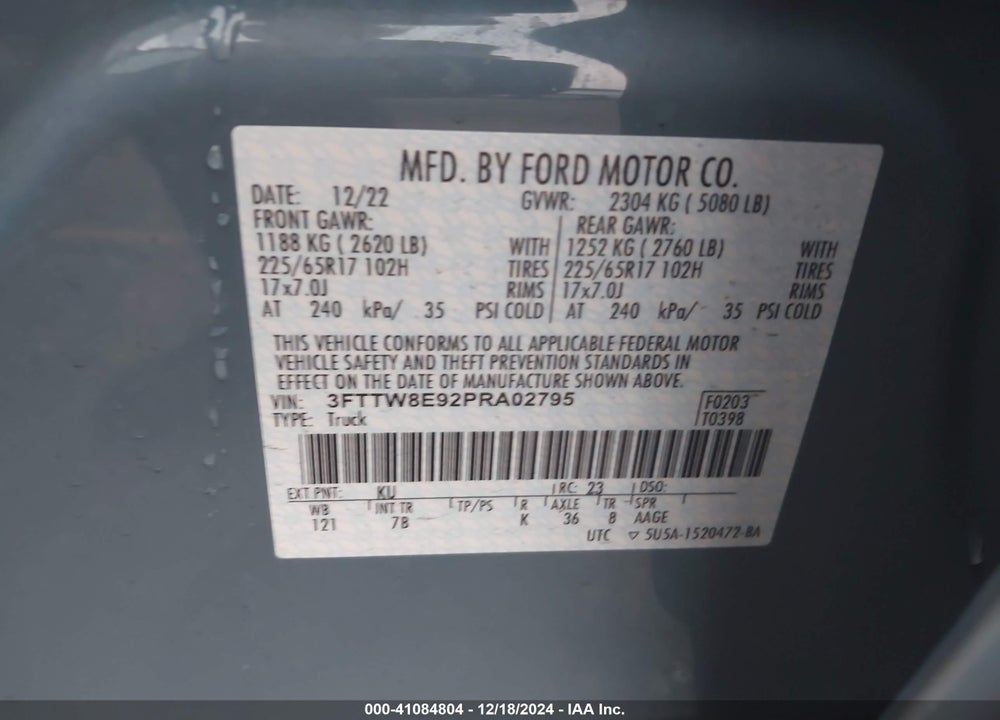 2023 FORD MAVERICK XLT VIN: 3FTTW8E92PRA02795