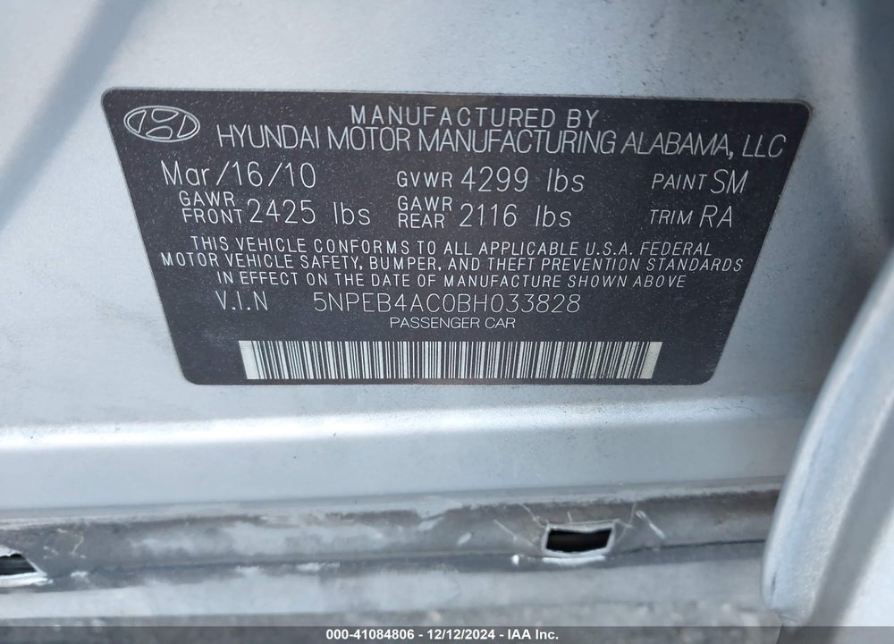 2011 HYUNDAI SONATA GLS VIN: 5NPEB4AC0BH033828