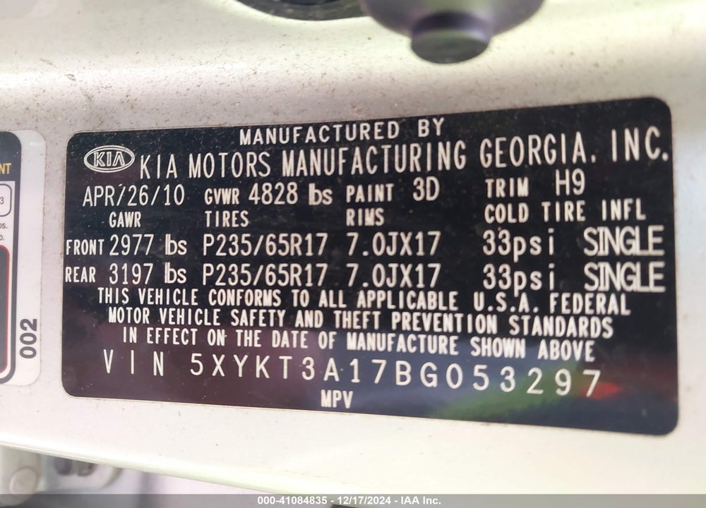 2011 KIA SORENTO LX VIN: 5XYKT3A17BG053297