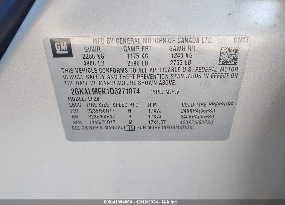 2013 GMC TERRAIN SLE-1 VIN: 2GKALMEK1D6271874
