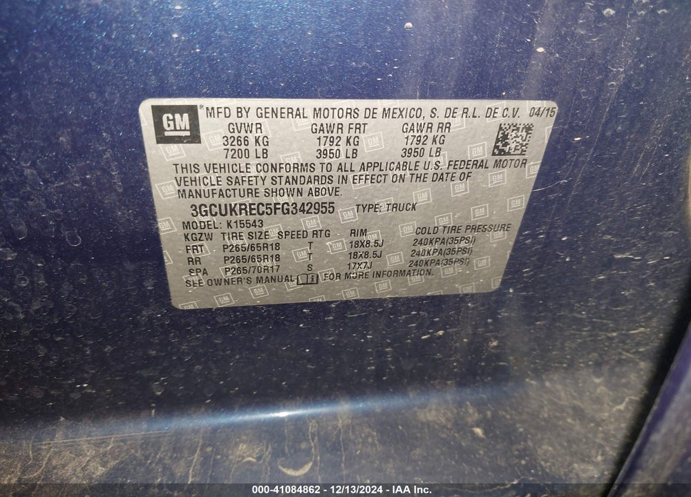 2015 CHEVROLET SILVERADO 1500 1LT VIN: 3GCUKREC5FG342955