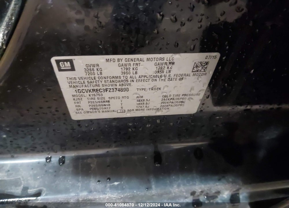 2015 CHEVROLET SILVERADO 1500 2LT VIN: 1GCVKREC3FZ374890