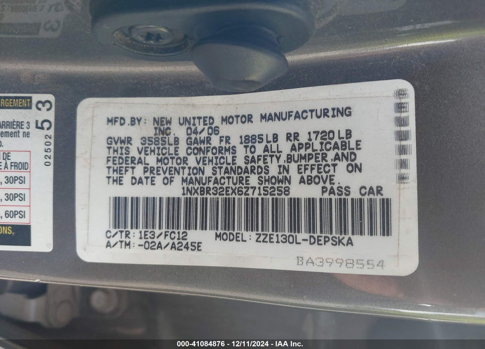 2006 TOYOTA COROLLA S VIN: 1NXBR32EX6Z715258