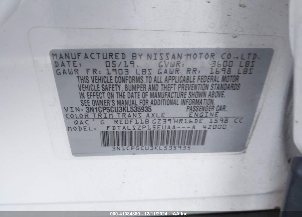 2019 NISSAN KICKS SV VIN: 3N1CP5CU3KL535935