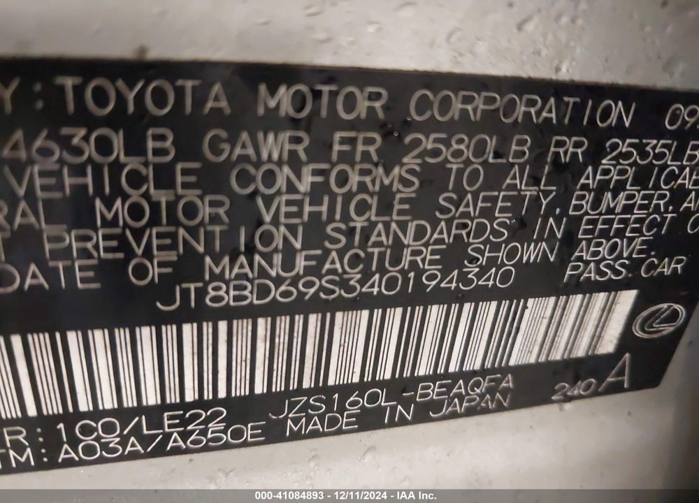 2004 LEXUS GS 300 VIN: JT8BD69S340194340