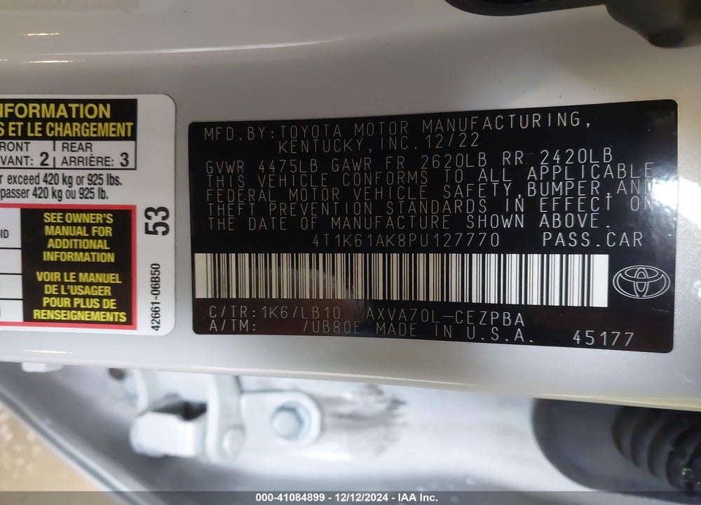 2023 TOYOTA CAMRY XSE VIN: 4T1K61AK8PU127770