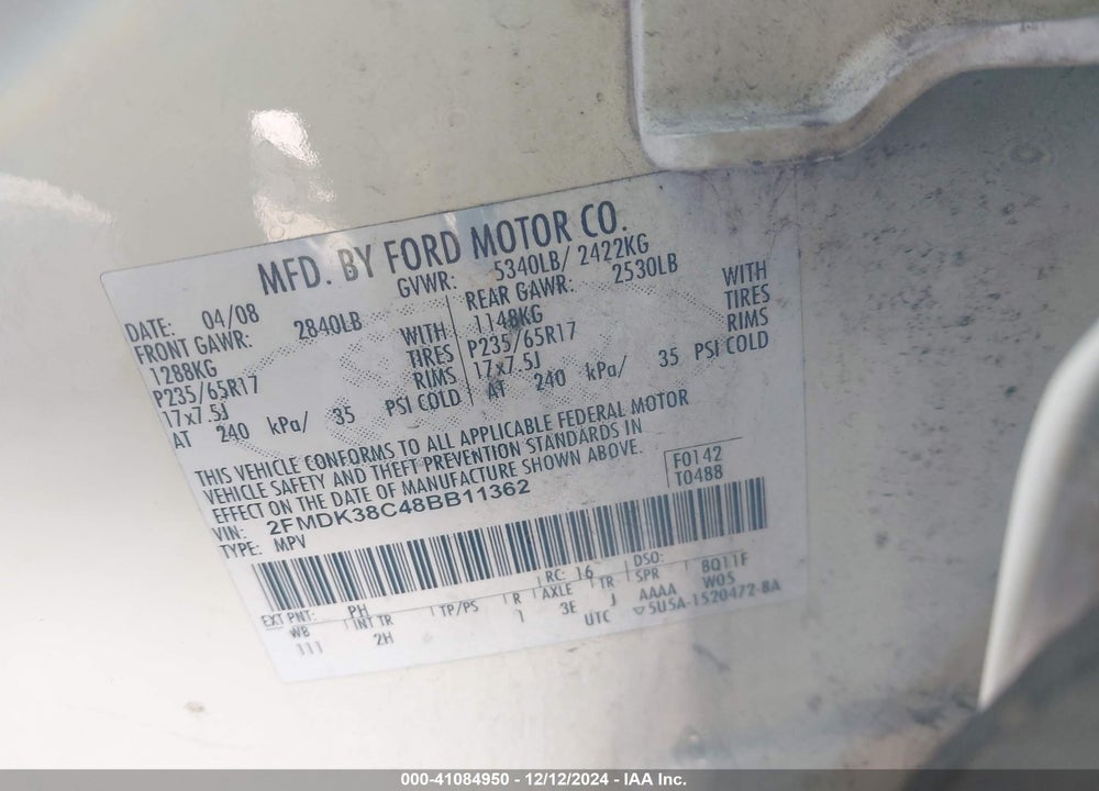 2008 FORD EDGE SEL VIN: 2FMDK38C48BB11362