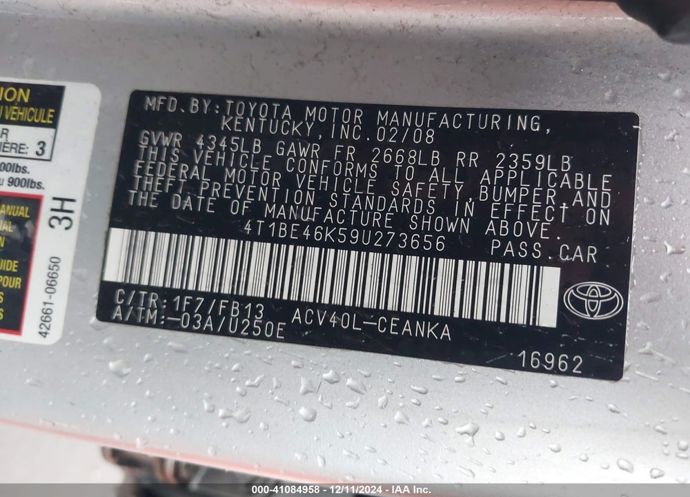 2009 TOYOTA CAMRY LE VIN: 4T1BE46K59U273656