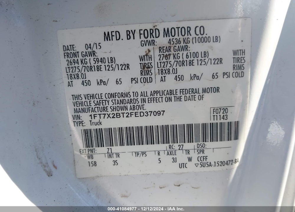 2015 FORD SUPER DUTY F-250 SRW VIN: 1FT7X2BT2FED37097